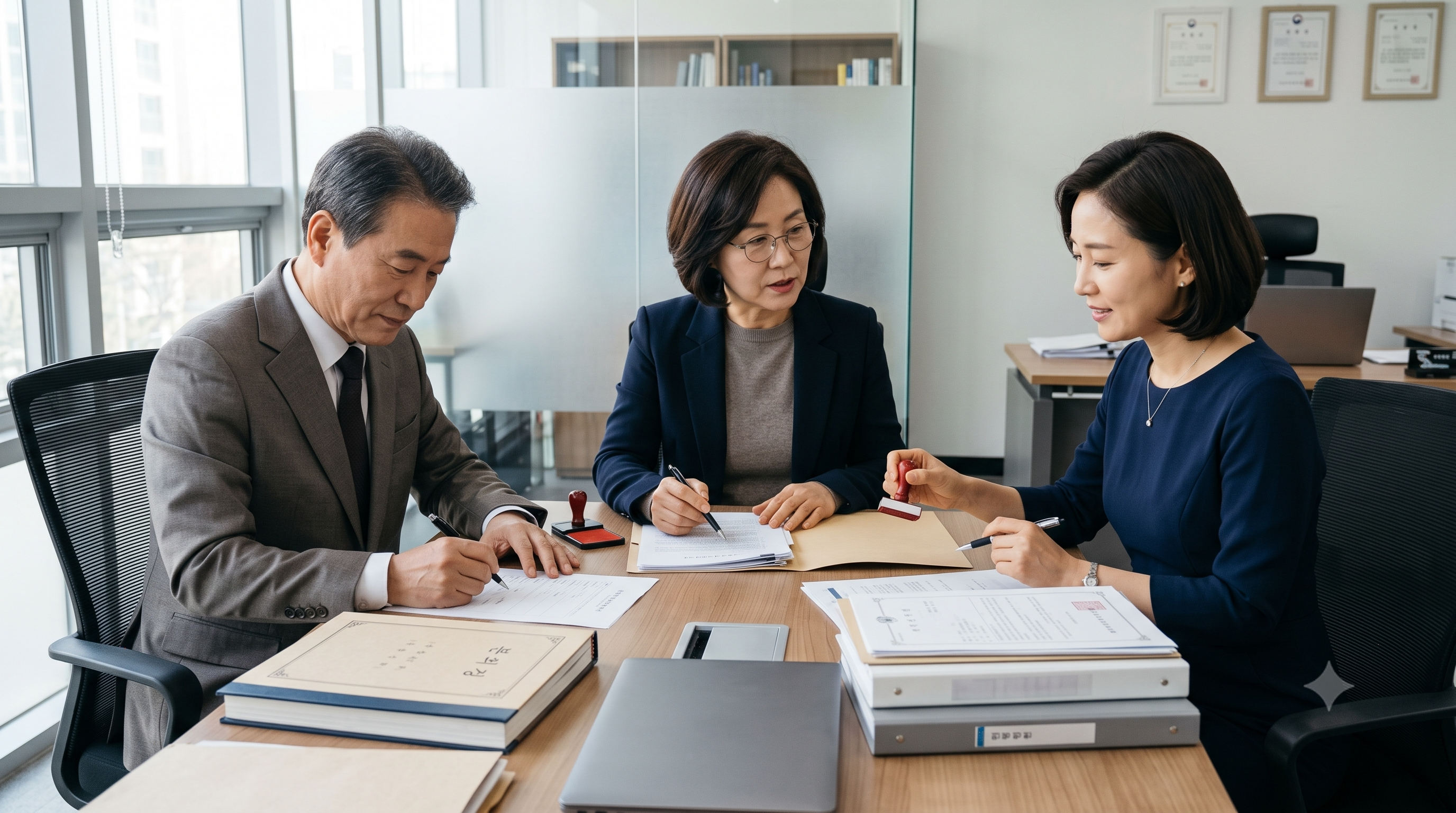단체 대표자 변경 총회 회의록과 고유번호증을 확인하며 변경 신고를 준비하는 모습