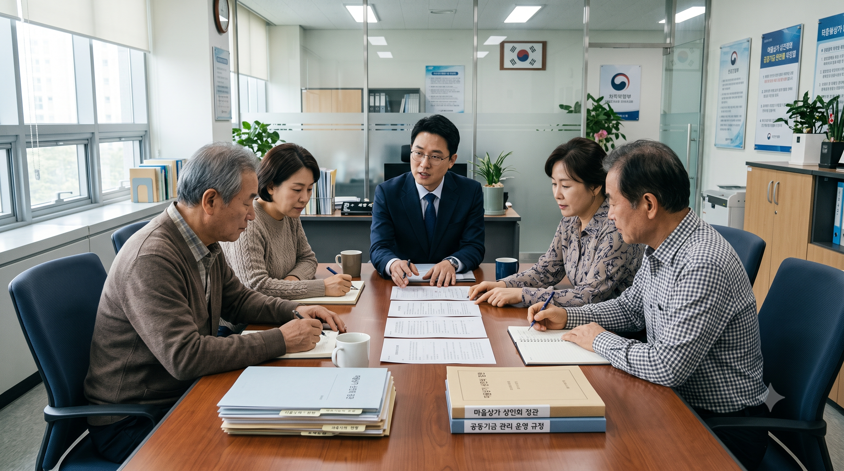상가번영회 규약과 자금 관리 규정을 정리하며 고유번호증 발급을 준비하는 모습