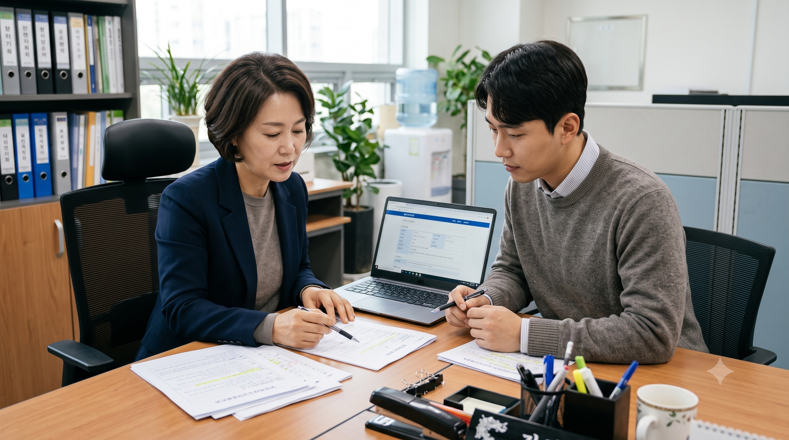 민간자격 검정 기준과 등록 신청 서류를 검토하며 등록을 준비하는 모습