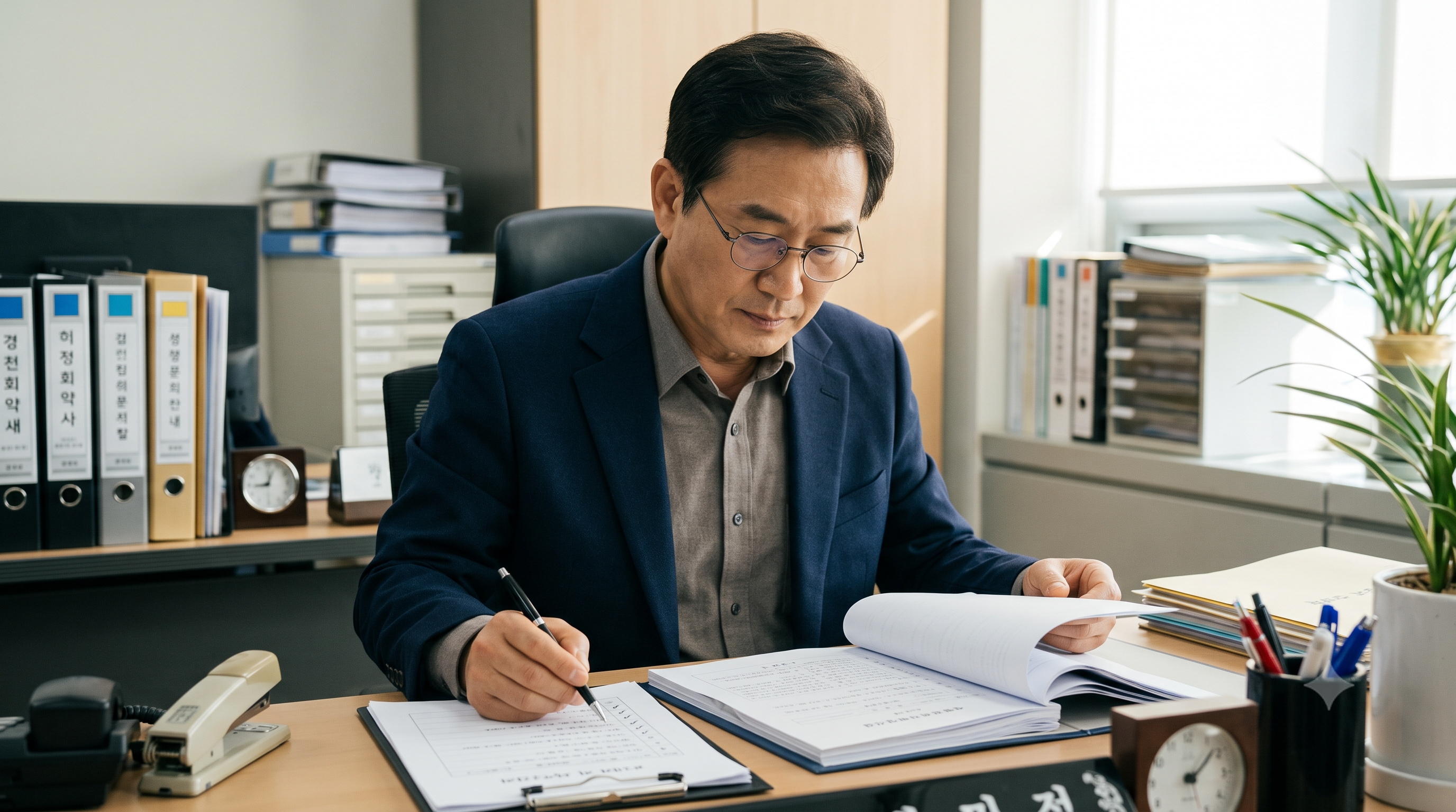 정관변경을 위해 총회 소집 절차와 정족수가 적법한지 점검하는 모습