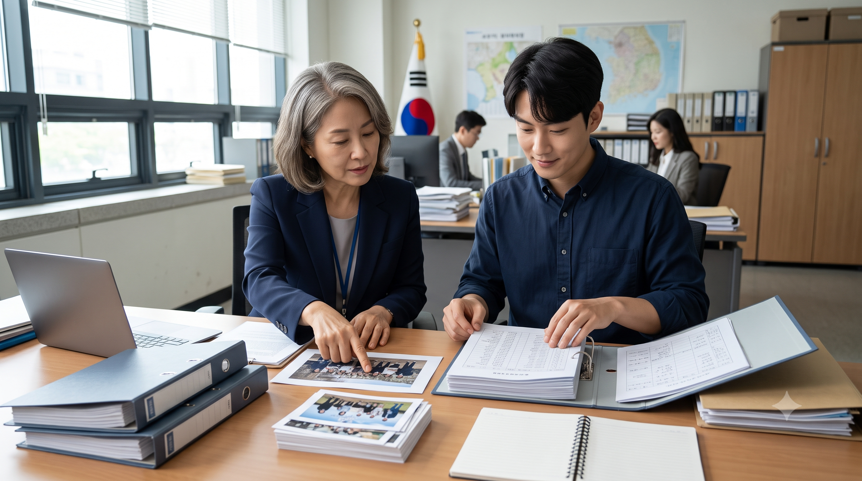 활동 사진과 참가자 명단, 회계 자료를 정리하며 활동 실적을 증빙하는 모습