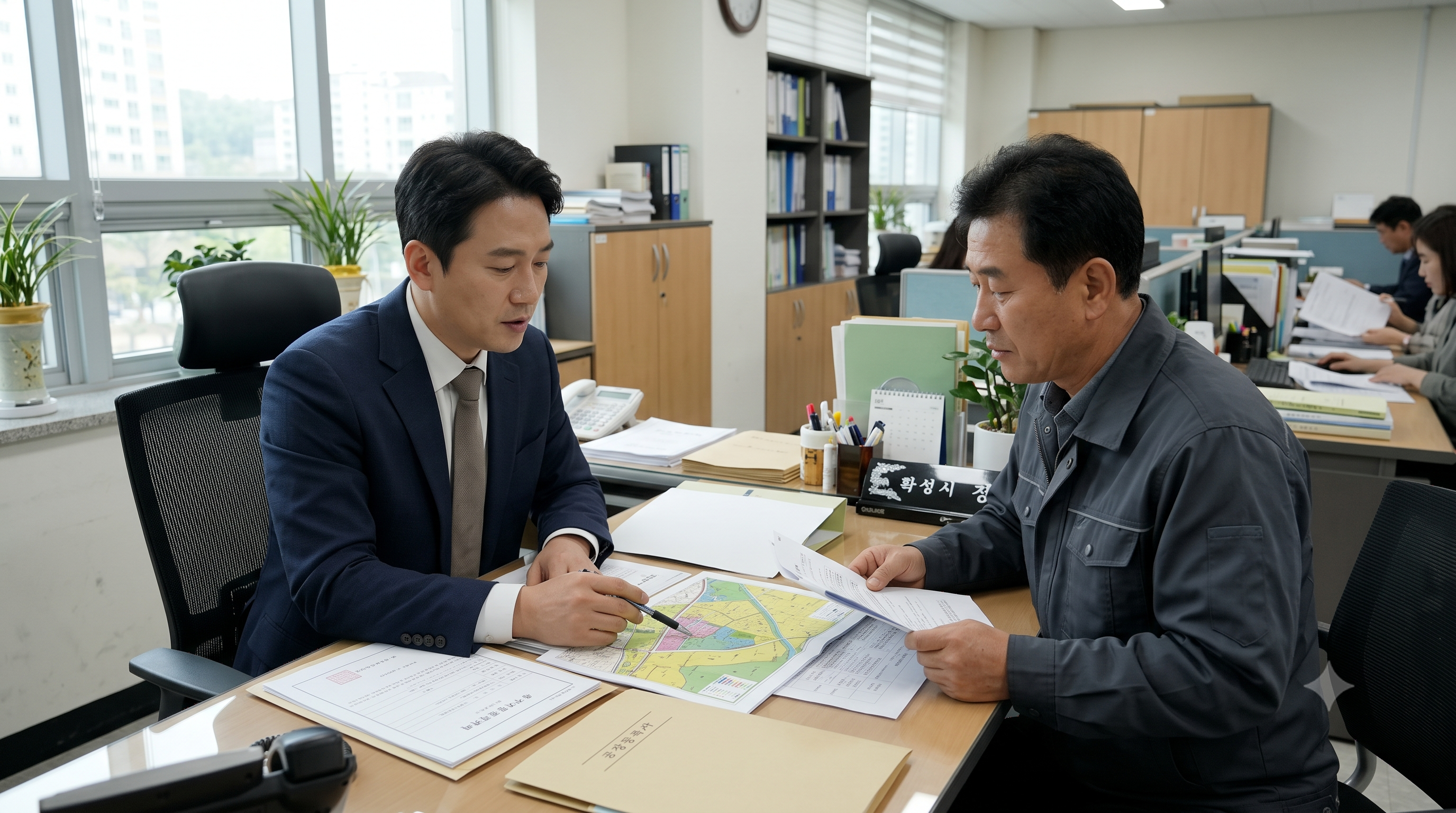공장등록 서류와 용도지역 지도를 검토하며 입지와 혜택을 확인하는 모습