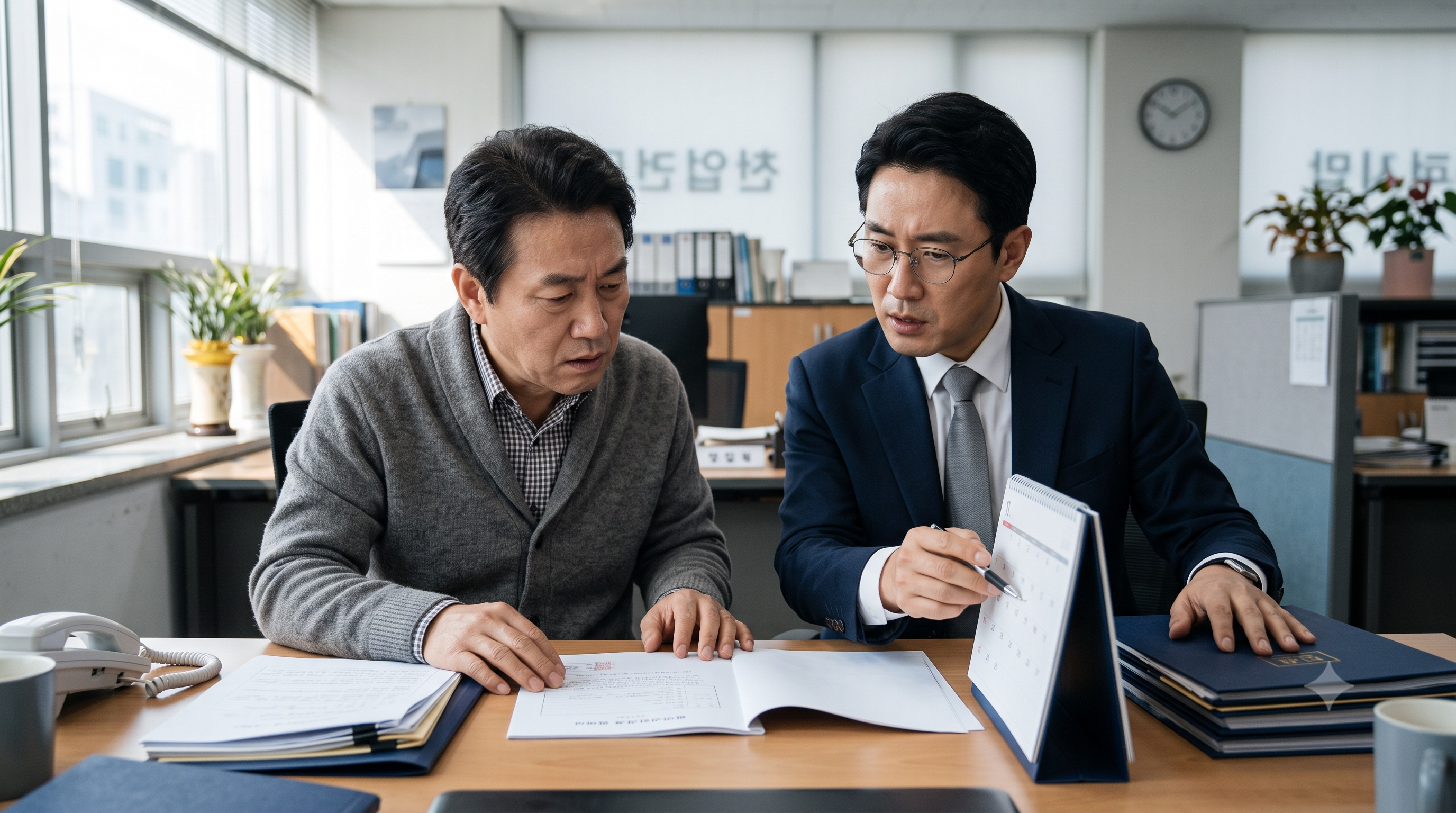 행정처분 통지서와 달력을 확인하며 행정심판 청구 기한을 점검하는 모습