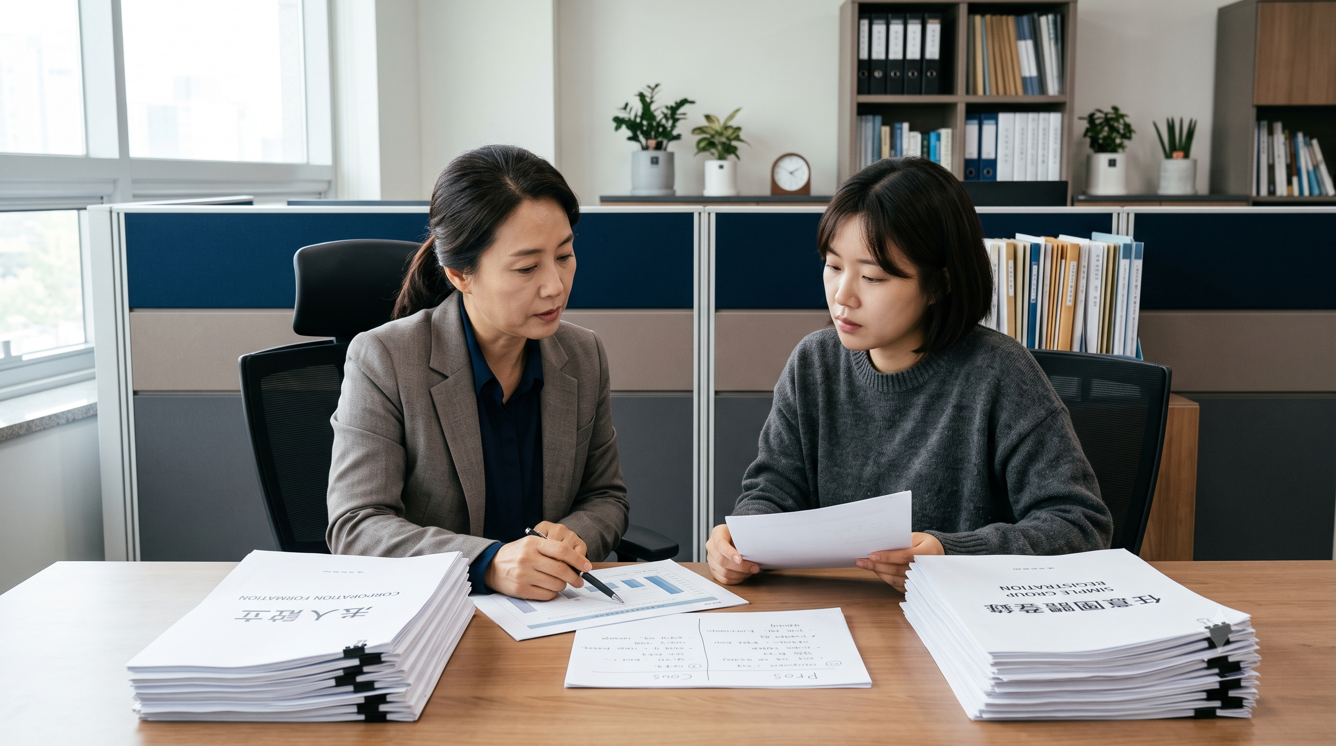 An advisor helping a group leader decide between forming a corporation and registering as a simple group, weighing two paths with document sets on a desk, conveying a considered strategic choice — photorealistic documentary photography, Korean administrative and legal office setting, professional and trustworthy mood, natural light, deep-navy and warm-gray color accents, clean composition, 16:9, no readable text, no logos, no watermark